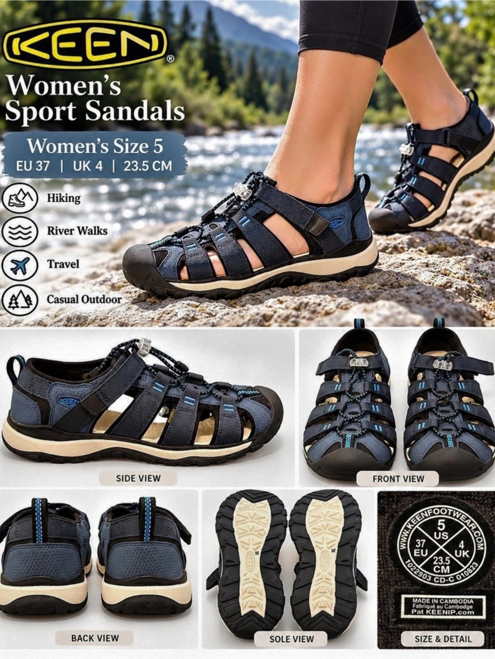 KEEN Clearwater CNX Women’s 5 Navy Blue Hiking Water Sport Sandals EU 37